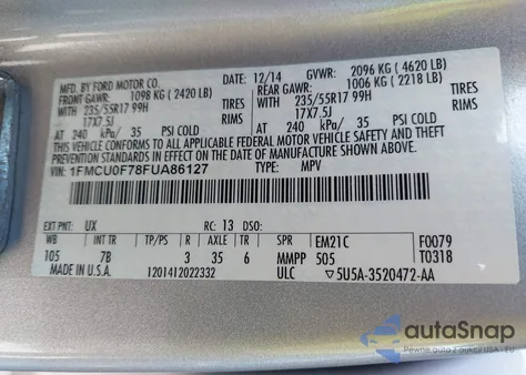 2015 Ford Escape S z USA, uszkodzony, nr VIN 1FMCU0F78FUA86127